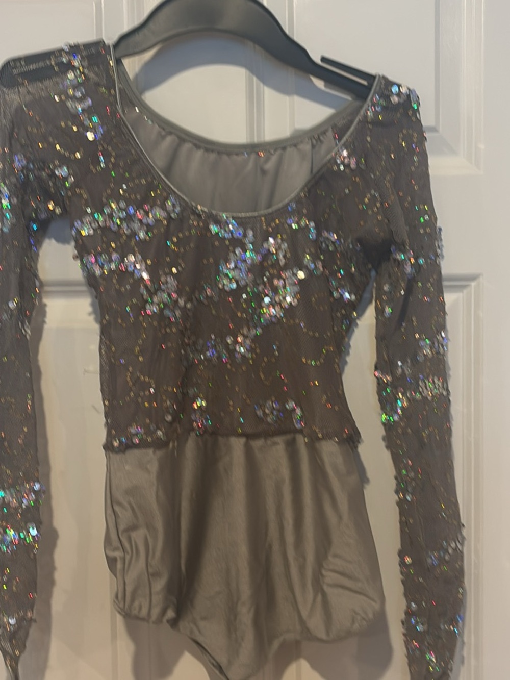 Revolution Iridescent Sequin Gray Long-Sleeve Bodysuit w/lyrical skirt